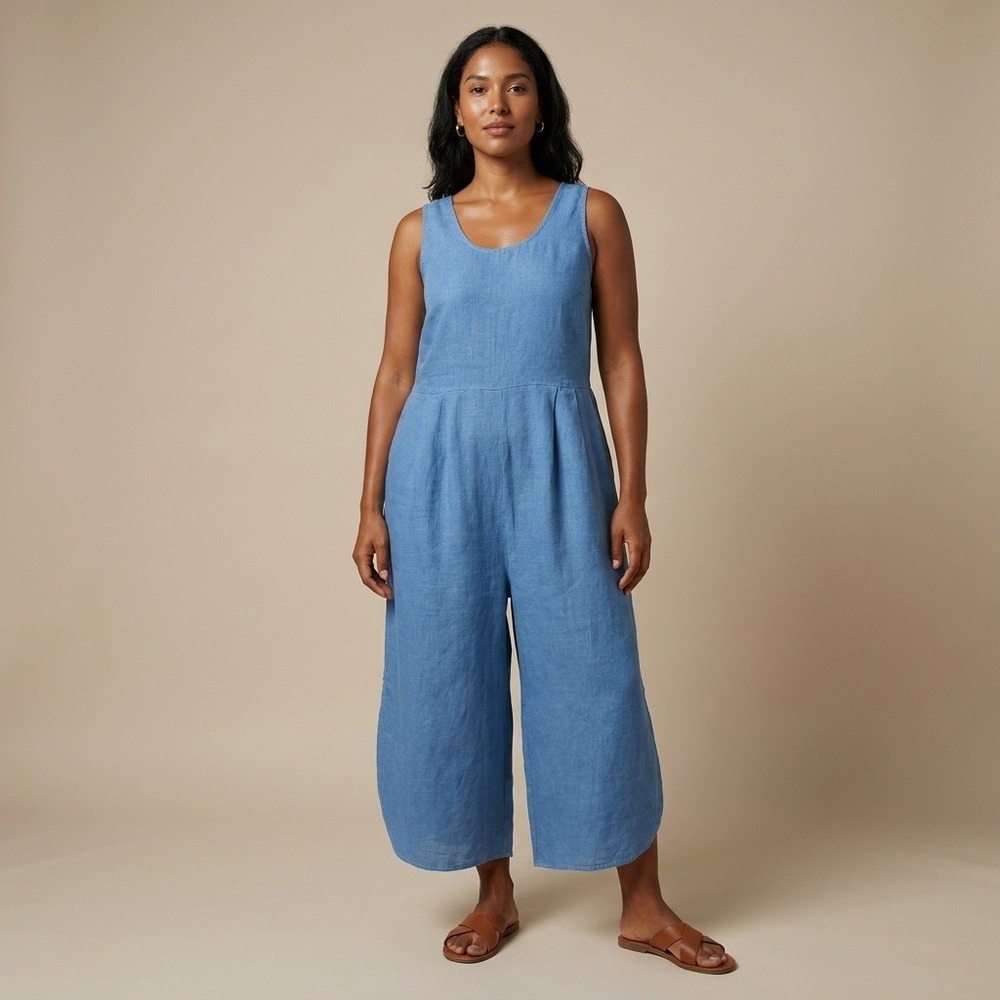 FILOSOFIA Women Blue 100% Linen Wide Leg Jumpsuit Sleeveless Pockets Medium USA